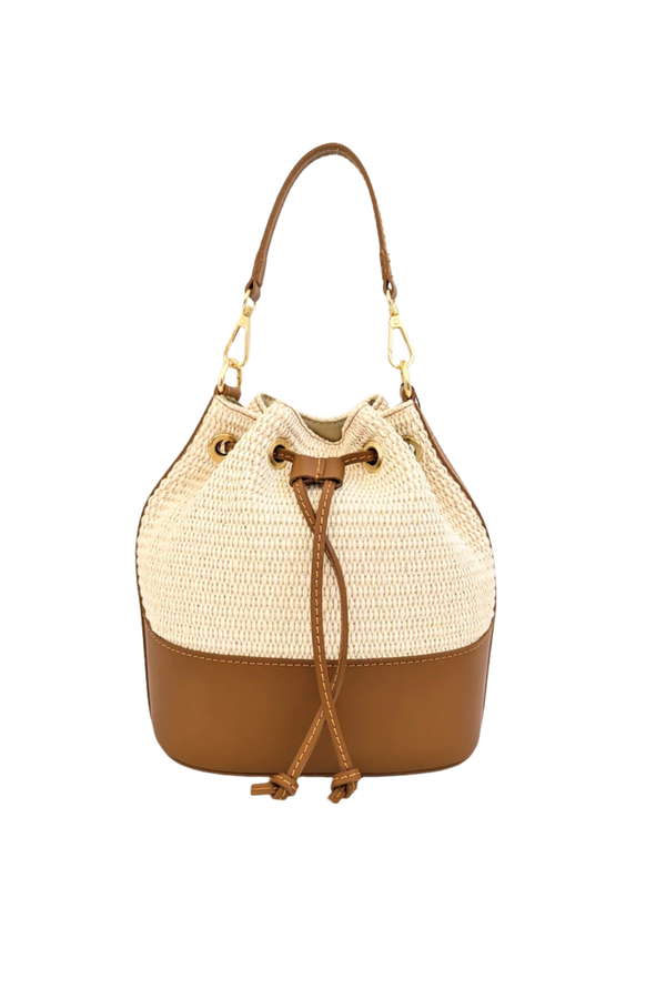 Riviera - Il Secchiello Mediterraneo in Rafia e Vera Pelle - Colore Beige / Cuoio